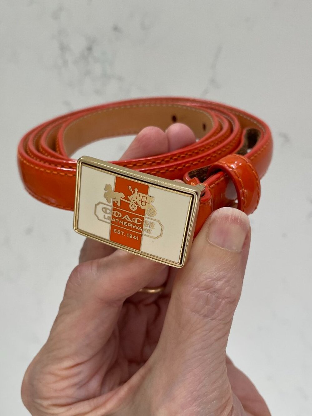 Coach Vtg Carriage Design Patent Leather Belt Orange Cream Goldtone Hardware L